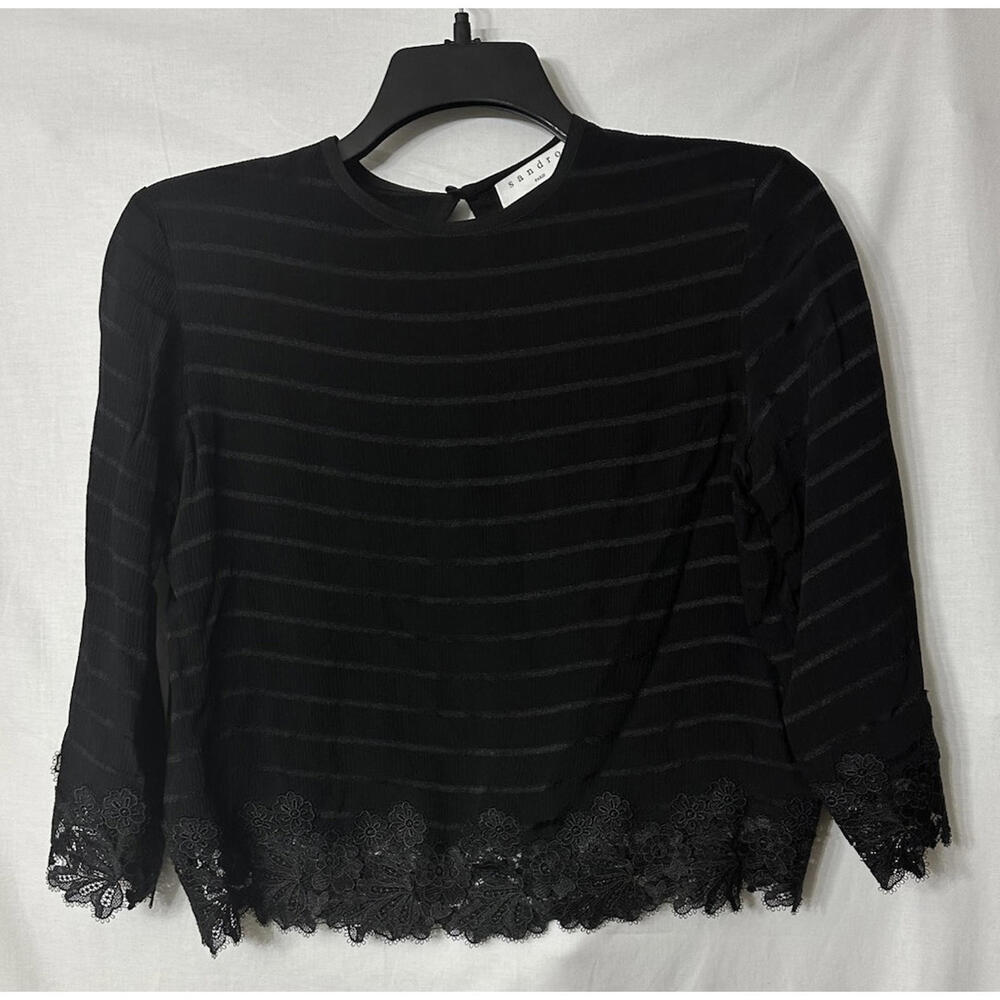 Sandro Paris Womens Long Sleeve Black Floral Lace Top Blouse Shirt Size 1‎ EUC
